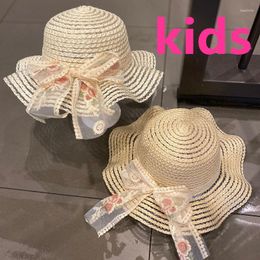 Hats 202204-2508655 Ins Summer Shade Rose Flower Ribbon Bowknot Kids Girl Hat Sun Cap Children Leisure