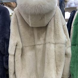 Womens Fur Faux Women Winter Thick Warm Soft Real Rex Rabbit Hooded Collar Long Outerwear 67cm Length 220930