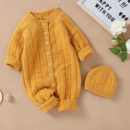 Rompers 2022 Autumn Winter Kid Boy Casual Long Sleeves Jumpsuit Girl Knitted Solid Cotton Romper One Piece Infant Outfits With Cap J220922