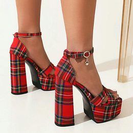 Red Chequered 2024 Plaid Summer Sandals Heels Women Plus Size 43 European Fashion Womans Platform Shoes Block Thick High 973