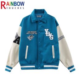 Mens Jackets Rainbowtouches Men Jacket High Street Badge Embroidered PU Leather Stitched Baseball Outerwear Trendy Hip Hop Loose Coats 220930