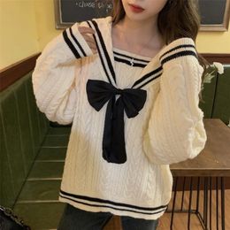 Women's Sweaters Deeptown Korean Style Sailor Collar WHite Knitted Sweater Women Preppy Fashion Oversize Long Sleeve Jumper Pullover Female Tops 221006