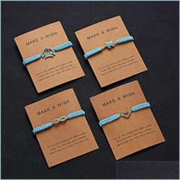 Charm Bracelets Adjustable Handmade Love Turtle Owl Dolphin Pendant Wish Blue Rope Braided Animal Charm Bracelet Paper Card Lulubaby Dhn6T