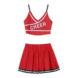 Women's Tracksuits Womens School Girls Cheerleading Uniform Dancewear Letter Print Striped Shoulder Straps V Neck Crop Top with Pleated Skirt T220909