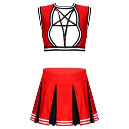 Women's Tracksuits Womens Cheerleader Uniform Cheerleading Outfit Role Play Come Strappy Hollow Out Crop Top with Colour Block Pleated Skirt T220909