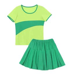 Women's Tracksuits Womens Cheerleading Uniform Short Sleeves Color Block Patchwork Sport T-shirt and Skirt Set Sportswear Cheerleader Outfit T220909