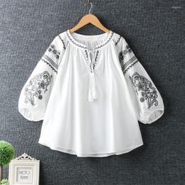 Women's Blouses Women's & Shirts Women Summer Ethnic Vintage Mexico Boho Style O-Neck Lantern Sleeve Loose Embroidery Lace Up Blouse