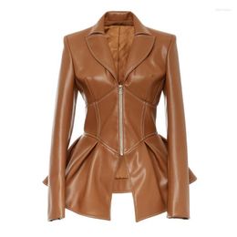 Women's Leather Women's Autumn Jacket 2022 Turn-down Collar Full Sleeves High Waist Zippers Short PU Coat Faux Corset &