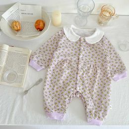 Rompers Baby Girl Sweet Flower Long Sleeves Peter Pan Collar Jumpsuit Retro Single Breasted Cotton Romper Girl Loose Outfits J220922