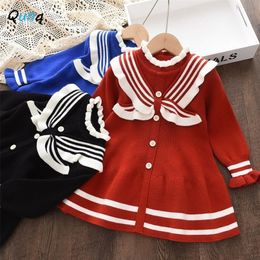Girls Dresses Qunq Spring Autumn Girls Stripe Patchwork British Style Sweater Small Turtleneck Lace Dress Casual Kids Clouthes Age 3T8T 2201006