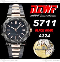 DiW 5711 Black Grail A324 Automatic Mens Watch NTPT Crafts Carbon Fibre Black Stick Dial Ultra Thin Rose Gold Stainless Steel Links Bracelet Super Edition Puretime B2