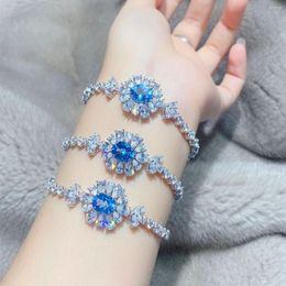Link Bracelets Bright Floral Luxury Sea Blue Zircon Bracelet For Women's Wedding Prom Jewellery Premium Accessories Holiday Gifts H490
