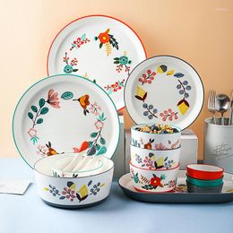 Dinnerware Sets Floral Design Ceramic Chinese Cuisine Rice Bowl Soup Ramen Dessert Saucer Pasta Steak Plate Dinner Dishes