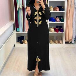 Casual Dresses Kalenmos Muslim Hooded Dress Women Long-sleeved Gilded Flower Solid Colour Dubai Zipper Straight Waist Slimming For Woman