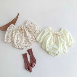 Rompers Cute Infant Autumn New Sweet Bow Bodysuit Baby Girls Retro Floral Square Collar Cotton Jumpsuit Kid Princess Clothes J220922