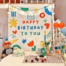 Tapestries Happy Birthday Background Tapestry Cloth Kawaii Children s Room Wall Decoration Girls Dormitory Cartoons Home Party Decor 221006