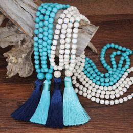 Retro Ethnic Sweater Chain Hand Knotted Turquoises Necklace Women Long Tassel Pendant Stone Bead Boho Necklaces Jewellery