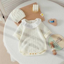 Rompers Spring Autumn Baby Girls Knit Jumpsuits Outfit Patchwork Ruffle Collar Long Sleeves Knitted Romper And Beanie Hat Set J220922