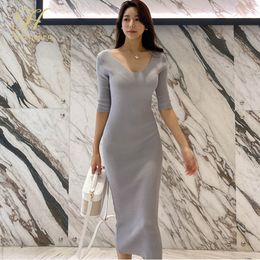 Work Dresses H Han Queen Elegant Simple Occupation Dress Women Autumn Midcalf Sheath Bodycon Dresses Wear To Work Pencil Knitted Vestidos 221006