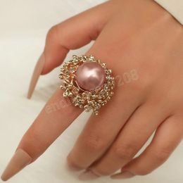 Romantic Korean Pearl Flower Gold Ring for Women Bridal French Finger Ring Wedding Promise Party Jewellery