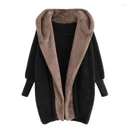 Women's Wool Women's & Blends Winter Women Hooded Coat Vintage Plush Fleece Patchwork Long Sleeve Jacket Casual Plus Size Warm Loose