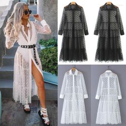 Casual Dresses 2022 Women's Fashion See Through Dots Long Puff Sleeve Gauze Mesh Midi Dress Sheer Maxi Tulle Lace