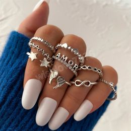 Fashion Silver Color Wing Infinite Loop Love Ring for Women Trend 9 Pcs/Set Star Heart Ring Lovers Jewelry Gift