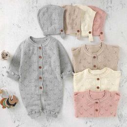 Rompers Newborn Baby Boy Simple Solid Single Breasted Long Sleeve Jumpsuit Girl Breathable Hollow Out Knitting Romper One Piece J220922