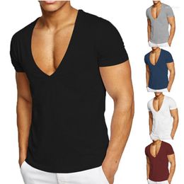 Men's T Shirts Men's T-Shirts Deep V Neck Shirt For Men Low Cut Stretch Tee Invisible Vee Top Short Sleeve Fitted Soft Plain Over Sized