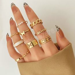 Vintage Fashion Woman Butterfly Finger Ring Set for Women Girls Bohemian Chain Pearl Rings Trendy Jewelry Gift