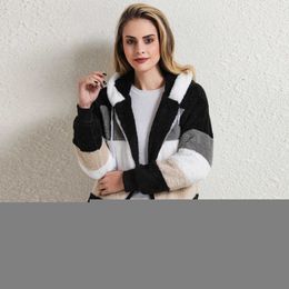 Jackets Winter Women Jacket Warm Plush Casual Loose Hooded Coat Mixed Colour Patchwork Outwear Faux Fur Zipper Ladies Parka Y2210