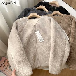 Jackets Lambswool Crop Women Warm V-neck Solid Korean Style Outwear Autumn Zipper Mujer New Arrivals Fashion Leisure Baggy Ins Y2210