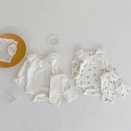 Rompers 2022 Autumn New Girl Baby Homewear Solid Bodysuit Set Boy Toddler Cotton Printing Long Sleeves Jumpsuit High Waist Leggings 2 Piece Suit J220922