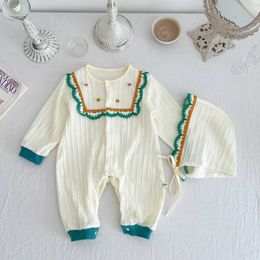 Rompers 2022 Autumn New Toddler Girl Pit Striped Cardigan Long Sleeve Romper And Lace Drawstring Hat Infant Boy Cotton Jumpsuit Clothing J220922