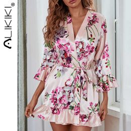 Women's Sleepwear Women Night Gown Robe Floral Ruffle Bathrobe Half Sleeve Nightdress French Sexy Silky Satin Solid Color Sleepwear With Belt T221006