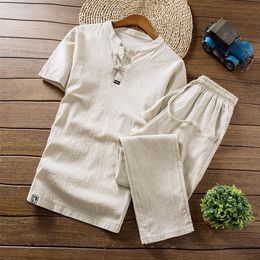 Men's Tracksuits Arrival Men's Cotton and Linen Short Sleeve T-shirtAnkle Length Pant Set Solid ShirtTrousers Home Suits Male M-5XL TZ30 221006