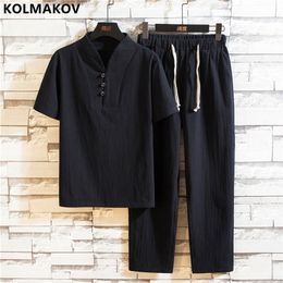 Men's Tracksuits T-shirt pants Summer Men's Fashion Casual Pure Cotton and Linen Two-Piece Large Size High Quality Two-Piece Set 5XL 221006
