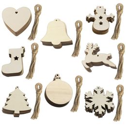 Christmas Decorations 10pcs Wooden Tree Shape Crafts Pendant Natural Wood Hanging Ornaments With Twines For Home Party DIY Decor