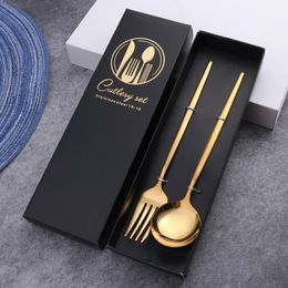 Stainless Steel Spoon Fork Chopstick Knife Set with Storage Gift Box Coffee Dessert Fork Spoon Kitchen Tableware Set 2pcs/set RRE14702