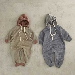 Rompers 2022 Autumn Winter Newborn Baby Girls Random Striped Hooded Jumpsuit Girls Loose Soft Simple Cotton Jumpsuit Kid Outfits J220922