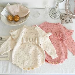 Rompers Baby Girl Fashion Edges Collar Full Sleeves Hollow Out Jumpsuit Knitted Sweater Bodysuit One Piece Baby Girls Cotton Bodysuits J220922