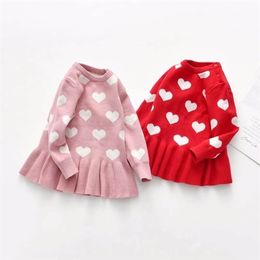 Girls Dresses Girl Autumn Winter Dress Wool Knitting Sweater Heart Printed Lace Shirt Dresses Pullover for Kids 18M5T 2201006