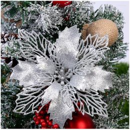 Christmas Decorations 5pcs 10cm Glitter Artifical Flowers Tree For Home Fake Xmas Ornaments Year Decor