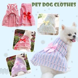Dog Apparel Skirt Bow Knot Dress Wedding Spring Summer Autumn Plaid Pet Cat Clothes Supplies Striped Shirt