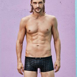 Men's Swimwear Leather Boxer Fashion 3D Reflective Catwalk Beach Shorts LaceUp Swimsuit Sunga Strong Man surfing New J220913
