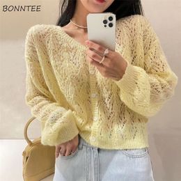 Women's Knits Tees Cardigan Women Hollow Out 5 Colours Cropped Summer Breathable Casual Solid Soft Ulzzang Female All-match Loose Chic Ins 221006