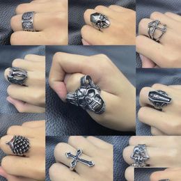 Band Rings 20Pcs/Lot Vintage Punk Antique Sier Colour Metal Band Rings For Men Women Party Gifts Jewellery Mix Style Wholesale Vipjewel Dhbma