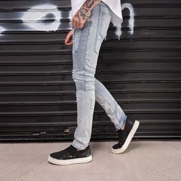 Men's Pants Fashion 2022 Spring Autumn Casual Hip Hop Streetwear Skinny Stretch Distressed Pleated Fold Patchwork Vintage Pencil Jeans Men G220929