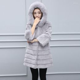Women's Fur Real Collar Hooded Natural Rex Coats Outerwear Women Wave Cut Whole Skin Jackets Plus Size S - 4XL