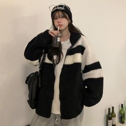 Women's Fur Faux Fur Spring Autumn Warm Stripe Faux Fur Coats Women Loose Casual Lady Jacket Korean Fashion Soft Splicing Mujer Outwear 220930